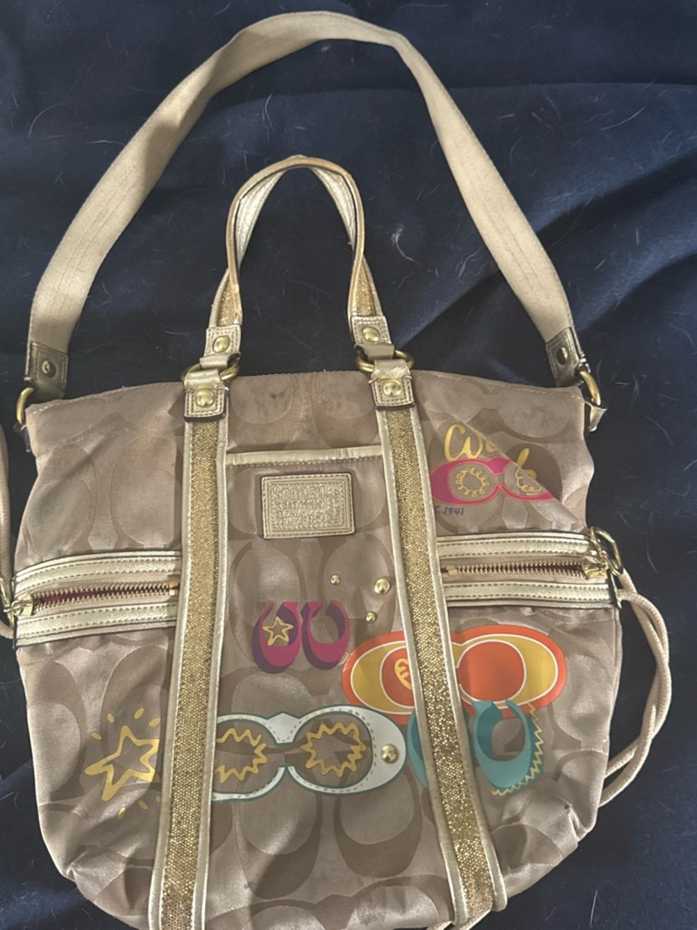 Coach Gold and Tan Signature Canvas Shoulder Bag with Colorful Graphic Accents